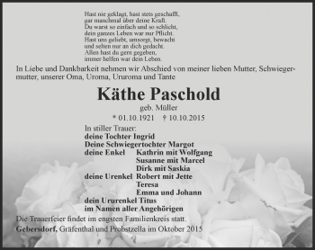 Traueranzeige von Käthe Paschold von Ostthüringer Zeitung
