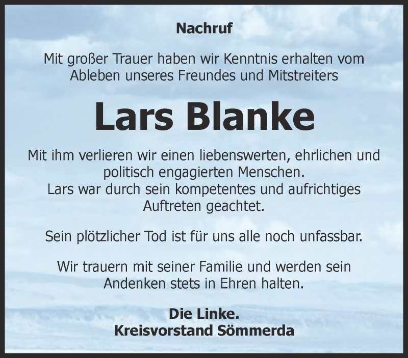  Traueranzeige für Lars Blanke vom 06.10.2015 aus Thüringer Allgemeine