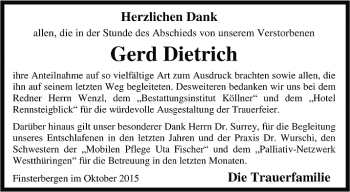 Traueranzeige von Gerd Dietrich von Ostthüringer Zeitung, Thüringische Landeszeitung