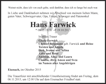 Traueranzeige von Hans Farwick von Thüringer Allgemeine, Thüringische Landeszeitung