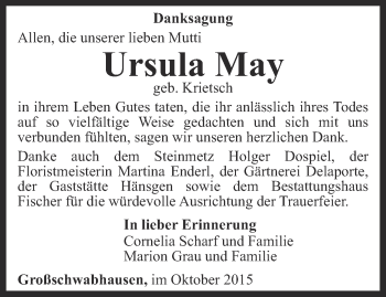 Traueranzeige von Ursula May von Thüringer Allgemeine, Thüringische Landeszeitung