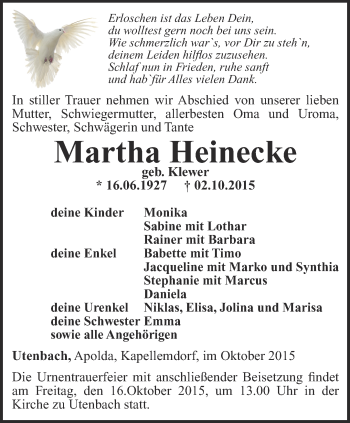 Traueranzeige von Martha Heinecke von Thüringer Allgemeine, Thüringische Landeszeitung