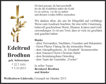 Traueranzeige von Edeltrud Brodhun von Thüringer Allgemeine