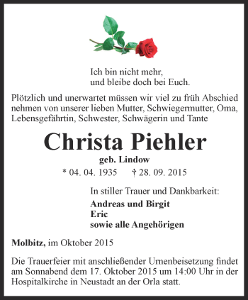 Traueranzeige von Christa Piehler von Ostthüringer Zeitung