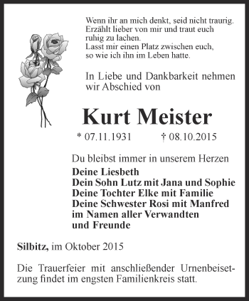 Traueranzeige von Kurt Meister von Ostthüringer Zeitung