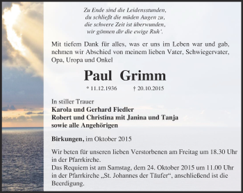 Traueranzeige von Paul Grimm von Thüringer Allgemeine