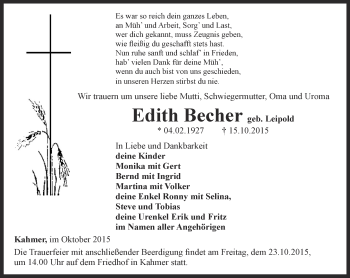 Traueranzeige von Edith Becher von Ostthüringer Zeitung