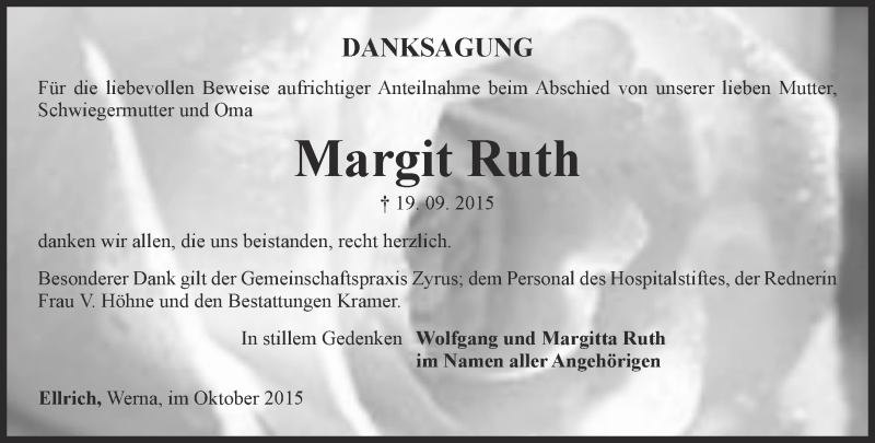  Traueranzeige für Margit Ruth vom 10.10.2015 aus Thüringer Allgemeine