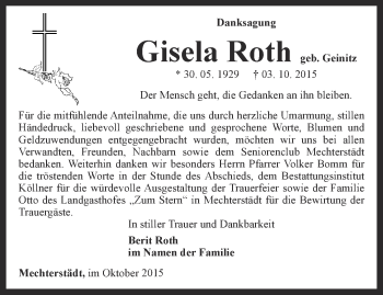 Traueranzeige von Gisela Roth von Ostthüringer Zeitung, Thüringische Landeszeitung