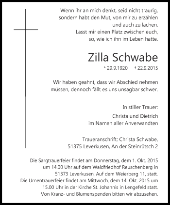 Traueranzeige von Zilla Schwabe von Thüringer Allgemeine, Thüringische Landeszeitung