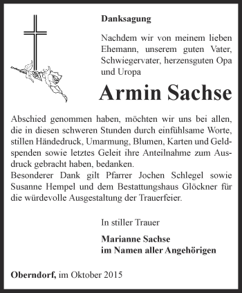 Traueranzeige von Armin Sachse von Ostthüringer Zeitung