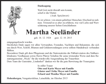 Traueranzeige von Martha Seeländer von Thüringer Allgemeine, Thüringische Landeszeitung