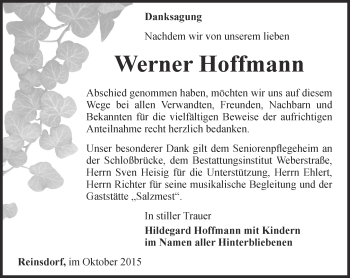 Traueranzeige von Werner Hoffmann von Ostthüringer Zeitung