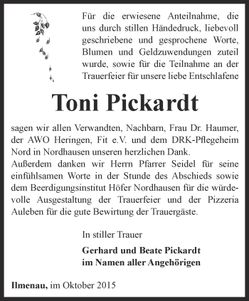 Traueranzeige von Toni Pickardt von Thüringer Allgemeine