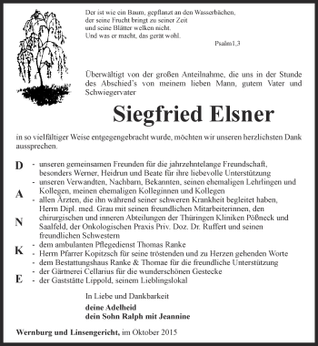 Traueranzeige von Siegfried Elsner von Ostthüringer Zeitung