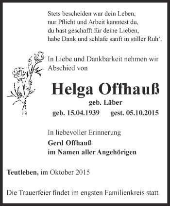 Traueranzeige von Helga Offhauß von Thüringer Allgemeine