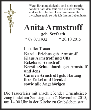 Traueranzeige von Anita Armstroff von Ostthüringer Zeitung, Thüringische Landeszeitung