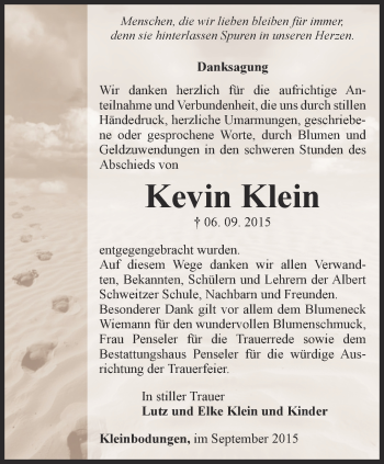 Traueranzeige von Kevin Klein von Thüringer Allgemeine