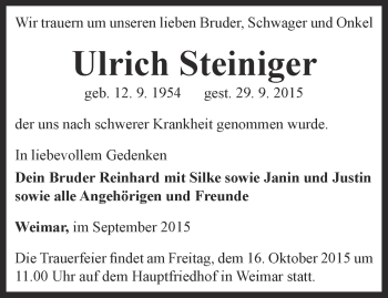 Traueranzeige von Ulrich Steiniger von Thüringer Allgemeine, Thüringische Landeszeitung