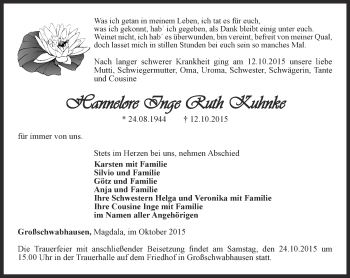 Traueranzeige von Hannelore Inge Ruth Kuhnke von Thüringer Allgemeine, Thüringische Landeszeitung
