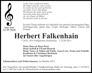 Traueranzeige von Herbert Falkenstein von Thüringer Allgemeine, Thüringische Landeszeitung