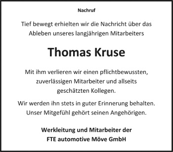 Traueranzeige von Thomas Kruse von Thüringer Allgemeine, Thüringische Landeszeitung