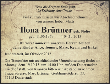 Traueranzeige von Ilona Brünner von Thüringer Allgemeine