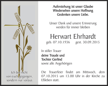 Traueranzeige von Herwart Ehrhardt von Thüringer Allgemeine