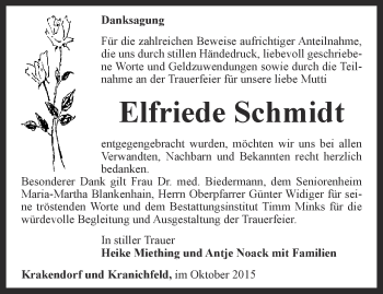 Traueranzeige von Elfriede Schmidt von Thüringer Allgemeine, Thüringische Landeszeitung