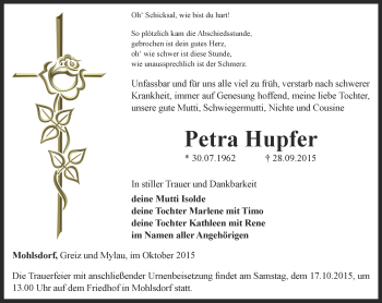 Traueranzeige von Petra Hupfer von Ostthüringer Zeitung