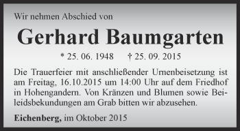 Traueranzeige von Gerhard Baumgarten von Thüringer Allgemeine