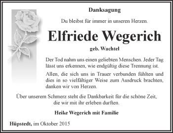 Traueranzeige von Elfriede Wegerich von Thüringer Allgemeine, Thüringische Landeszeitung