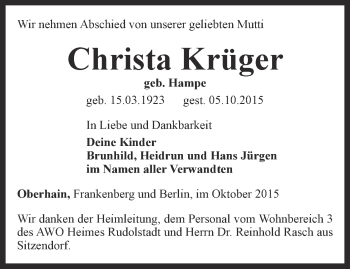 Traueranzeige von Christa Krüger von Ostthüringer Zeitung