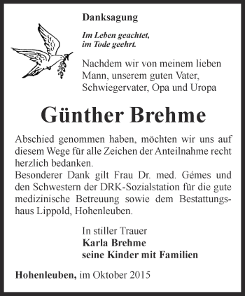 Traueranzeige von Günther Brehme von Ostthüringer Zeitung