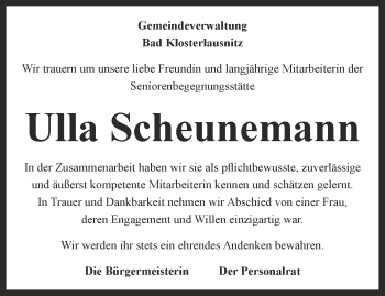 Traueranzeige von Ulla Scheunemann von Ostthüringer Zeitung