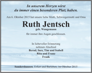 Traueranzeige von Ruth Jentsch von Thüringer Allgemeine, Thüringische Landeszeitung