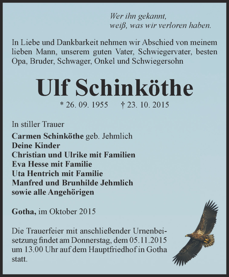  Traueranzeige für Ulf Schinköthe vom 30.10.2015 aus Ostthüringer Zeitung, Thüringische Landeszeitung