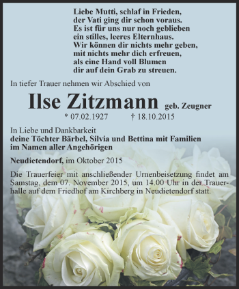 Traueranzeige von Ilse Zitzmann von Thüringer Allgemeine, Thüringische Landeszeitung