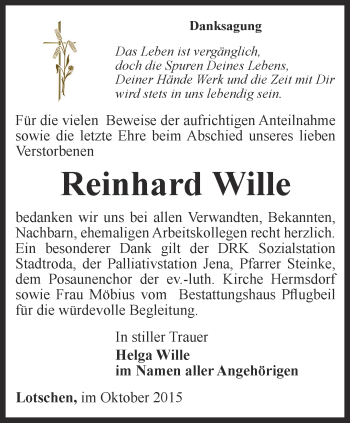 Traueranzeige von Reinhard Wille von Ostthüringer Zeitung