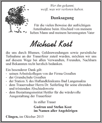 Traueranzeige von Michael Kost von Thüringer Allgemeine