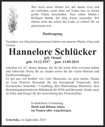 Traueranzeige von Hannelore Schlücker von Thüringer Allgemeine, Thüringische Landeszeitung