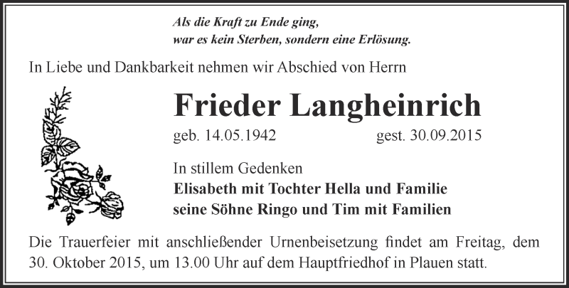  Traueranzeige für Frieder Langenheinrich vom 17.10.2015 aus Ostthüringer Zeitung