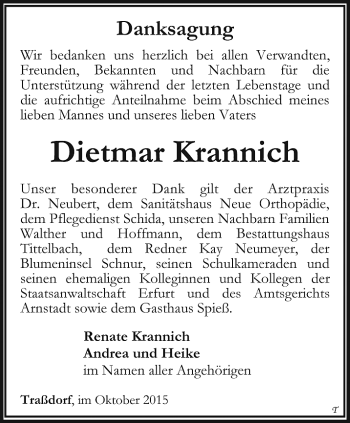 Traueranzeige von Dietmar Krannich von Thüringer Allgemeine