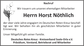 Traueranzeige von Horst Nöthlich von Ostthüringer Zeitung