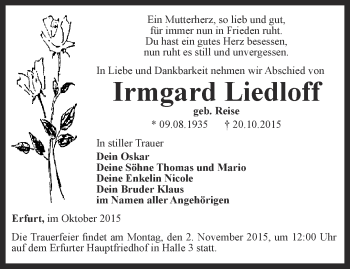 Traueranzeige von Irmgard Liedloff