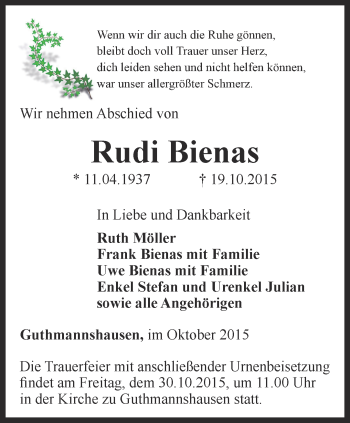 Traueranzeige von Rudi Bienas von Thüringer Allgemeine