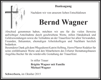 Traueranzeige von Bernd Wagner von Thüringer Allgemeine, Thüringische Landeszeitung