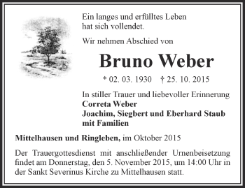 Traueranzeige von Bruno Weber