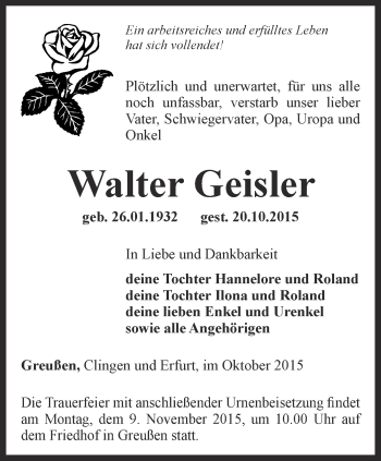 Traueranzeige von Walter Geisler von Thüringer Allgemeine