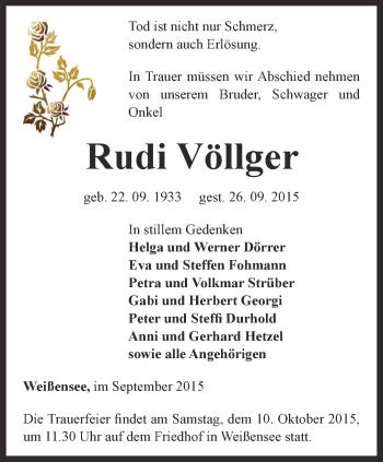 Traueranzeige von Rudi Völlger von Thüringer Allgemeine